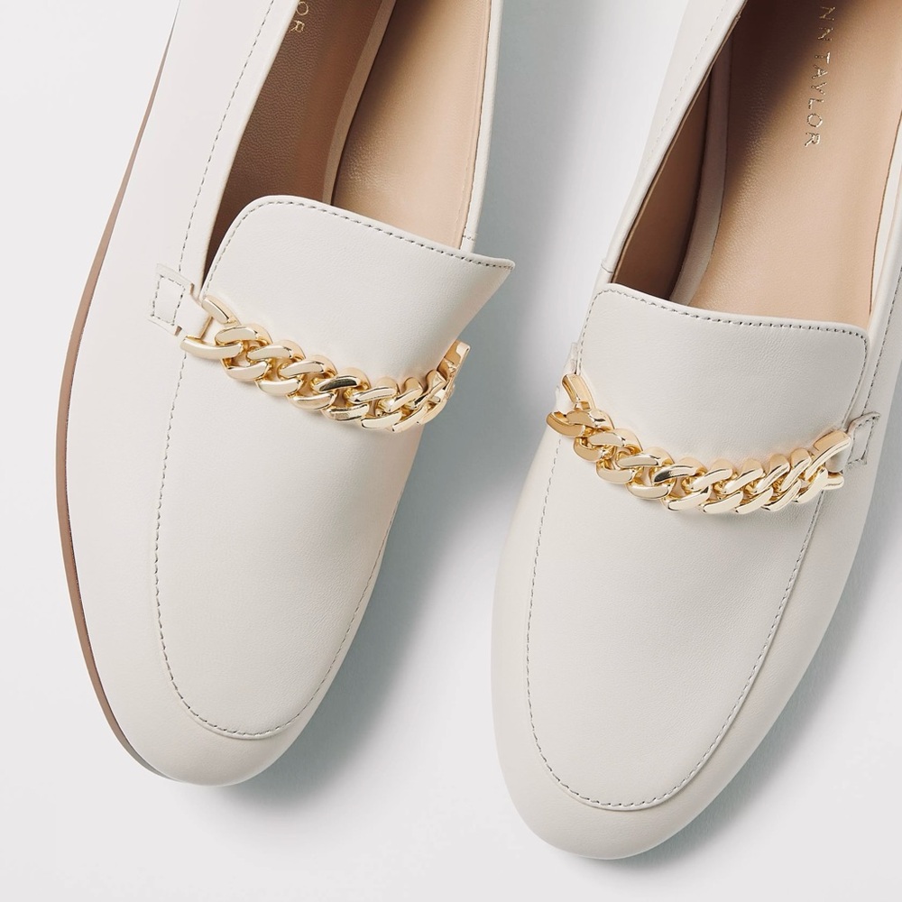 ANN TAYLOR NEW 10 10.5 Chain Leather Loafers in Pearl Shadow • Old Money Classic - Picture 12 of 14